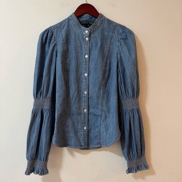 VERONICA BEARD Dalton Gathered Denim Shirt, Button Down, Long Sleeve, Size 2 - Picture 5 of 11